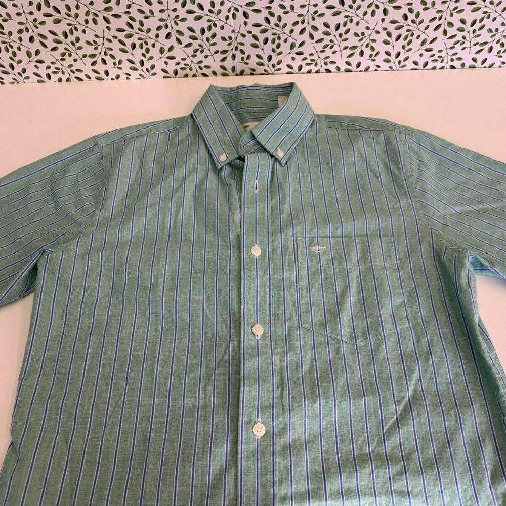 Docker's Men's Short Sleeved Dress/Casual Shirt Size Small Green/Blue Stripes